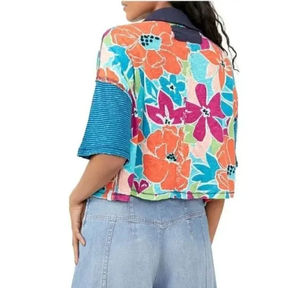 Free People On A Boat Boxy Crop Polo XS Coastal Floral NWT